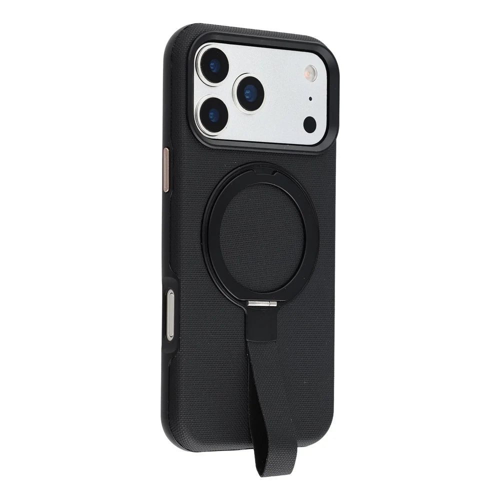 KIGC For iPhone 17 Pro Max Case Compatible with MagSafe Rotating Kickstand Wristband Woven Texture PC Phone Cover - Black - 1