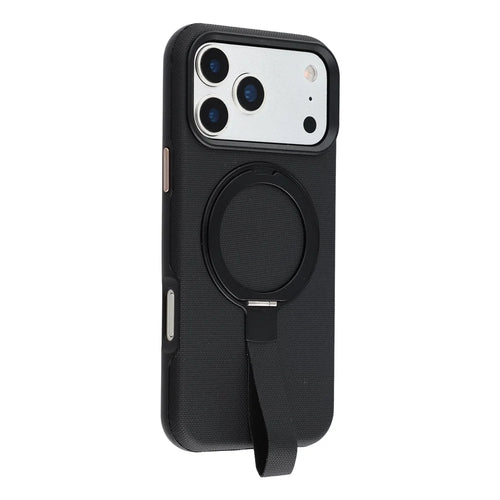 KIGC For iPhone 17 Pro Max Case Compatible with MagSafe Rotating Kickstand Wristband Woven Texture PC Phone Cover - Black - 1