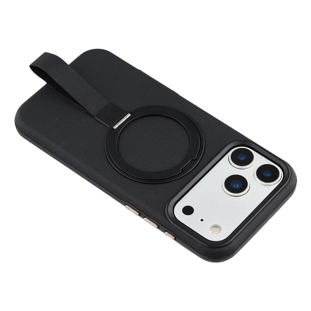 KIGC For iPhone 17 Pro Max Case Compatible with MagSafe Rotating Kickstand Wristband Woven Texture PC Phone Cover - Black - 6