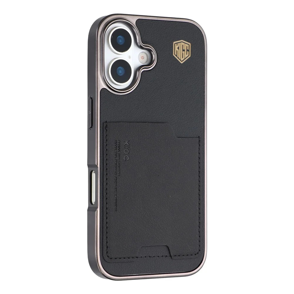 KIGC For iPhone 17 Case Leather + PC + TPU Electroplating Phone Cover with Card Holder - Black - 1