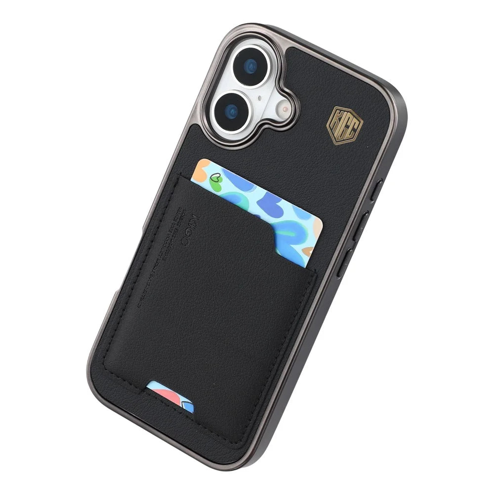 KIGC For iPhone 17 Case Leather + PC + TPU Electroplating Phone Cover with Card Holder - Black - 3