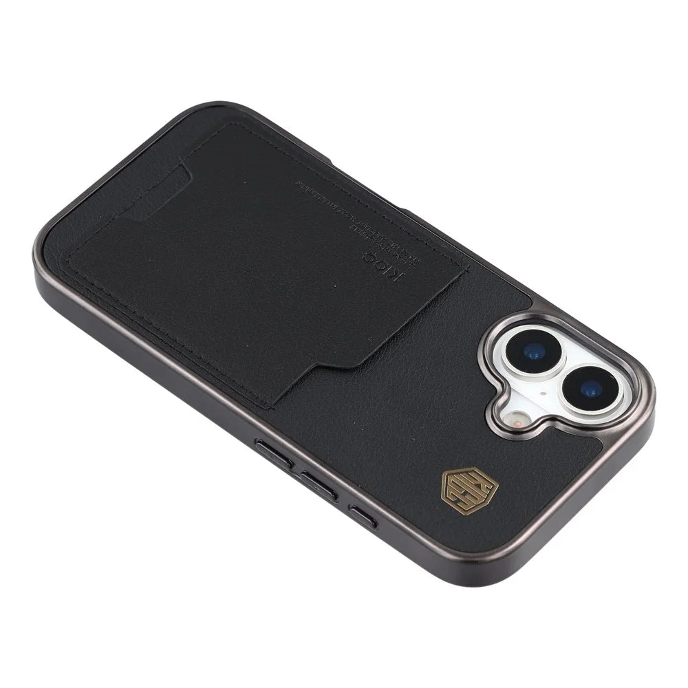 KIGC For iPhone 17 Case Leather + PC + TPU Electroplating Phone Cover with Card Holder - Black - 5