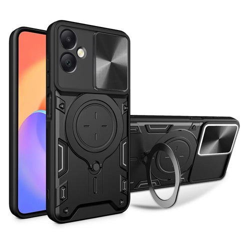 For Samsung Galaxy A06 4G Case TPU + PC Phone Cover with Kickstand , Slide Lens Window - Black - 1