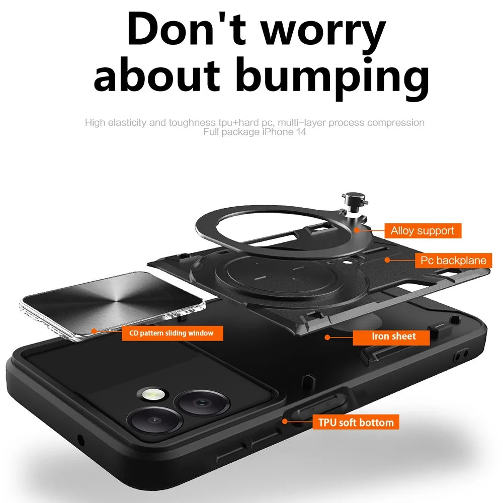 For Samsung Galaxy A06 4G Case TPU + PC Phone Cover with Kickstand , Slide Lens Window - Black - 4