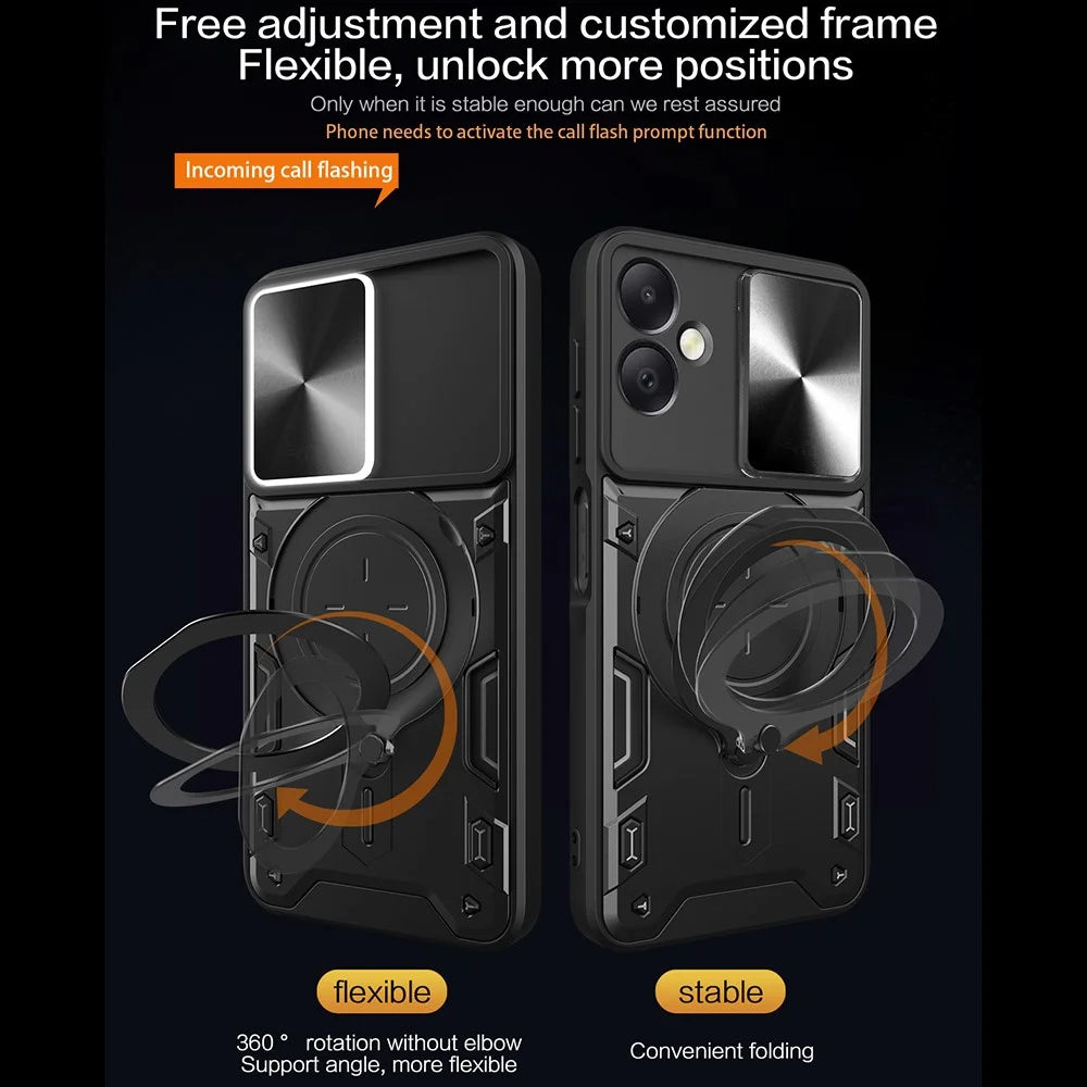 For Samsung Galaxy A06 4G Case TPU + PC Phone Cover with Kickstand , Slide Lens Window - Black - 6