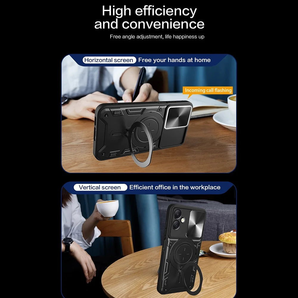 For Samsung Galaxy A06 4G Case TPU + PC Phone Cover with Kickstand , Slide Lens Window - Black - 7