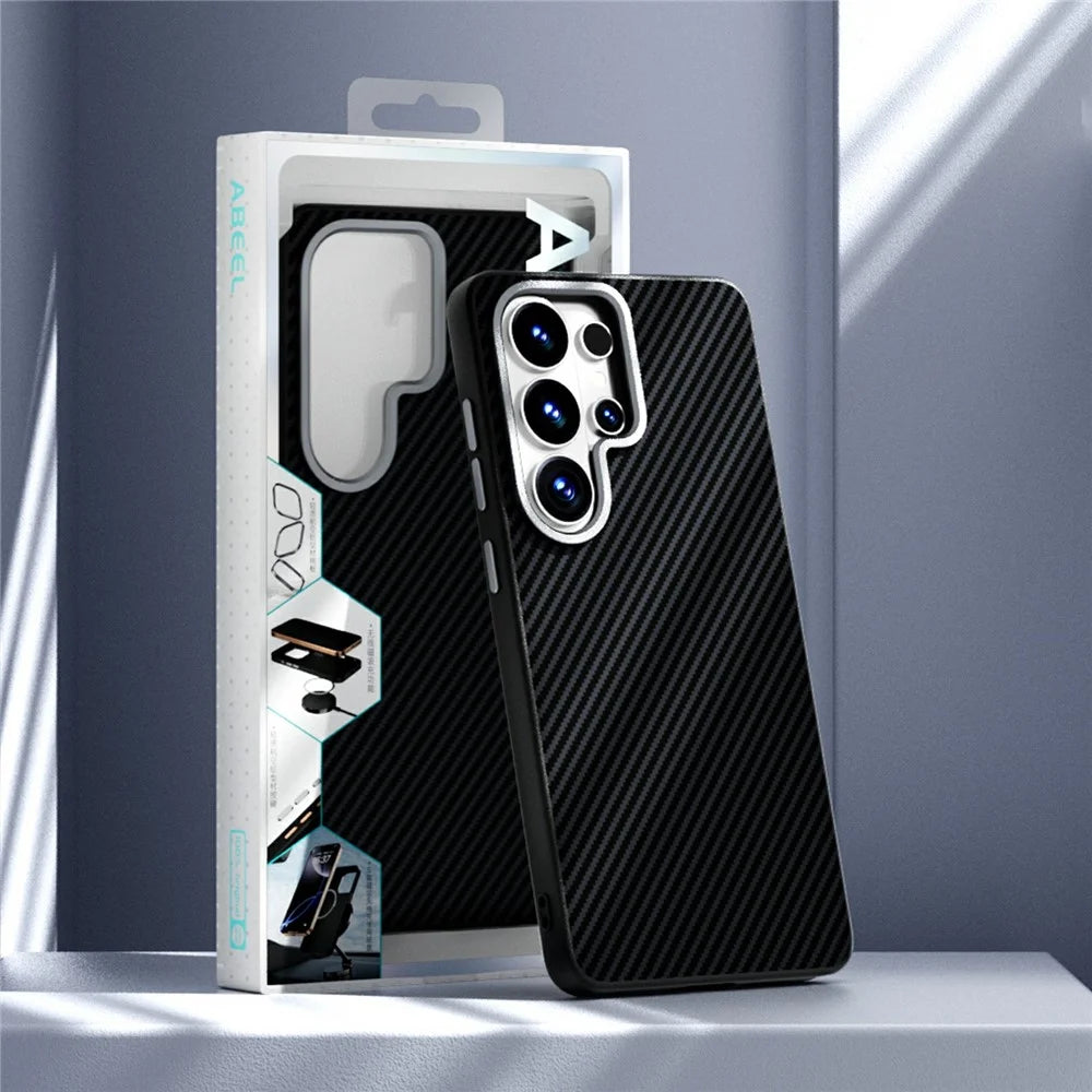 ABEEL For Samsung Galaxy S26 Ultra Magnetic Case Carbon Fiber Texture TPU PC PU Phone Back Cover - Black - 7