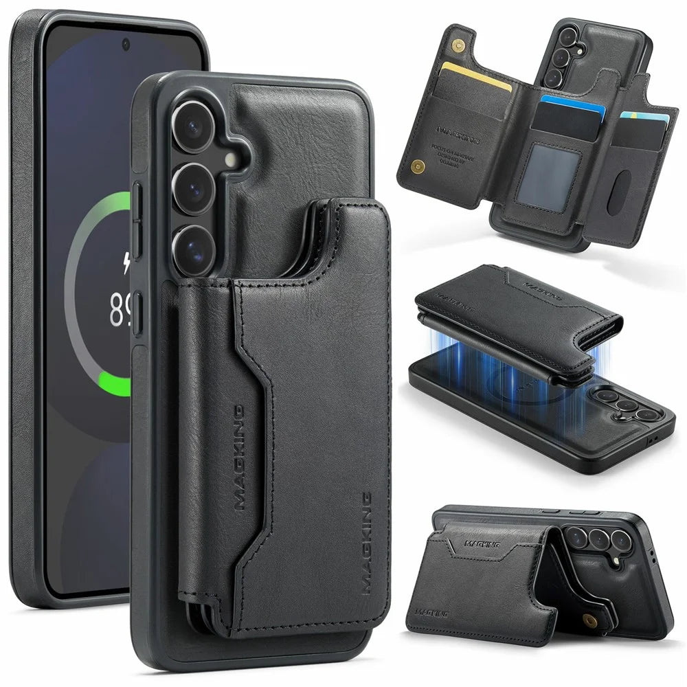 MAGKING K3 Series For Samsung Galaxy S24 FE Magnetic Case Detachable Wallet PC + TPU + PU Phone Cover - Black - 1
