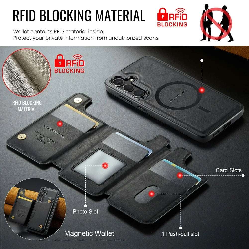 MAGKING K3 Series For Samsung Galaxy S24 FE Magnetic Case Detachable Wallet PC + TPU + PU Phone Cover - Black - 6