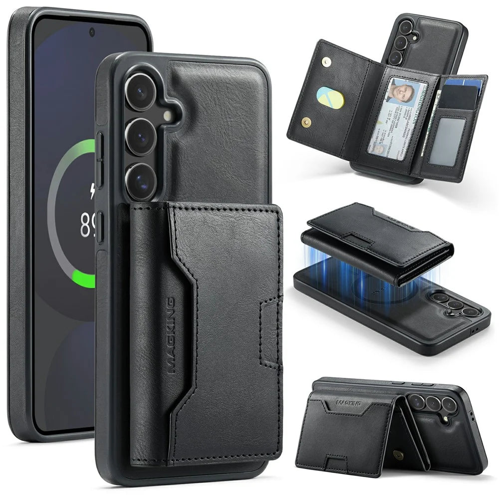 MAGKING K4 Series For Samsung Galaxy S24 FE Magnetic Case Detachable Wallet PU TPU PC Phone Cover - Black - 1