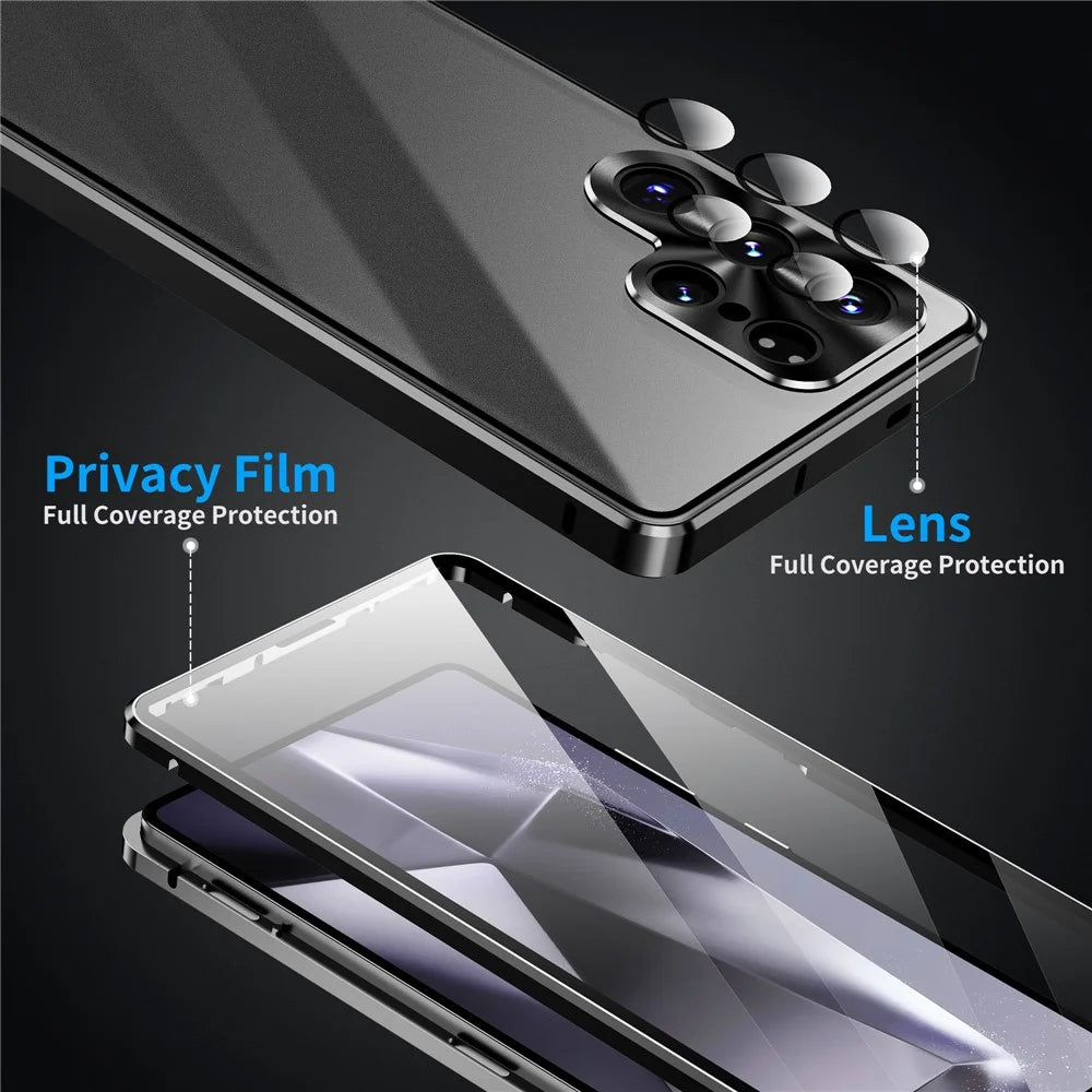 For Samsung Galaxy S26 Ultra Case Double Sides Tempered Glass + Metal Magnetic Phone Cover with Buckle - Black - 7