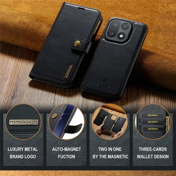 DG.MING for OnePlus 15 5G Leather Wallet Case Detachable 2 in 1 Split Leather Phone Cover - Black - 4