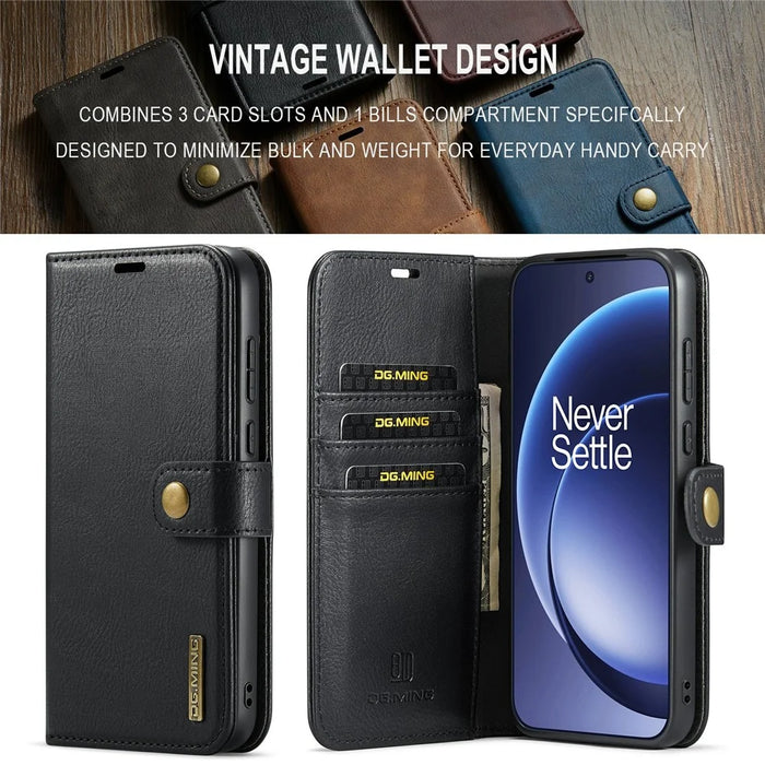 DG.MING for OnePlus 15 5G Leather Wallet Case Detachable 2 in 1 Split Leather Phone Cover - Black - 5