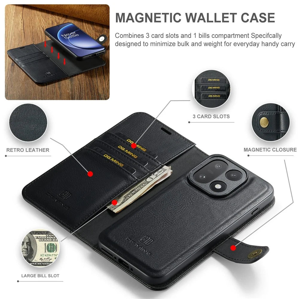 DG.MING for OnePlus 15 5G Leather Wallet Case Detachable 2 in 1 Split Leather Phone Cover - Black - 6