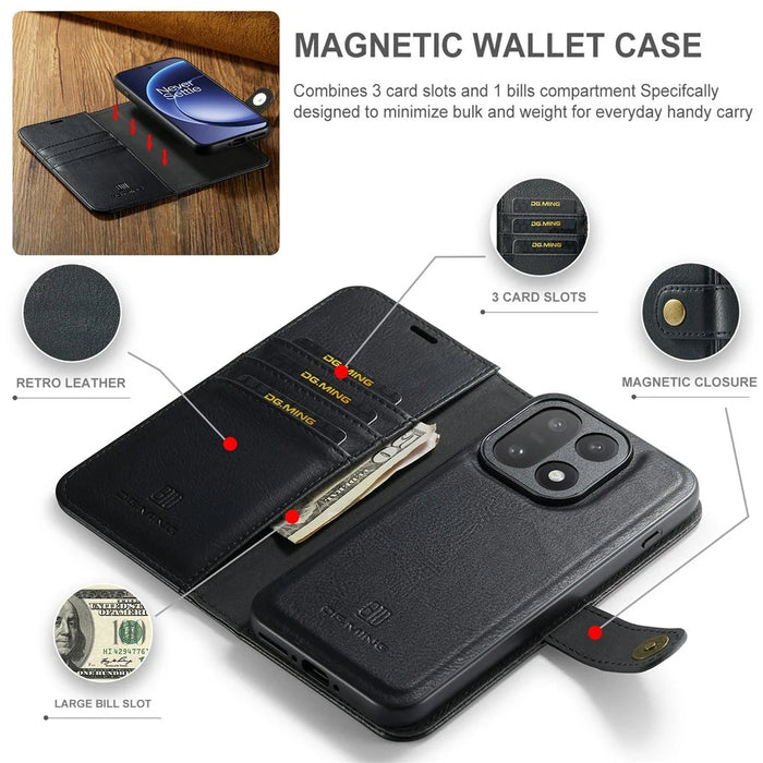 DG.MING for OnePlus 15 5G Leather Wallet Case Detachable 2 in 1 Split Leather Phone Cover - Black - 6