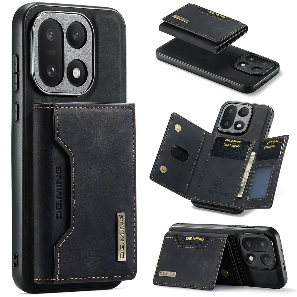 DG.MING M2 Series for OnePlus 15 5G PU Leather Tri-Fold Multiple Card Slots Holder Pocket Purse - Black - 1