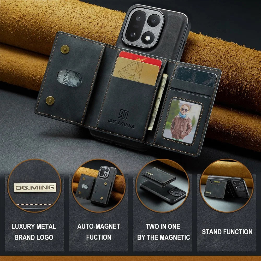 DG.MING M2 Series for OnePlus 15 5G PU Leather Tri-Fold Multiple Card Slots Holder Pocket Purse - Black - 5