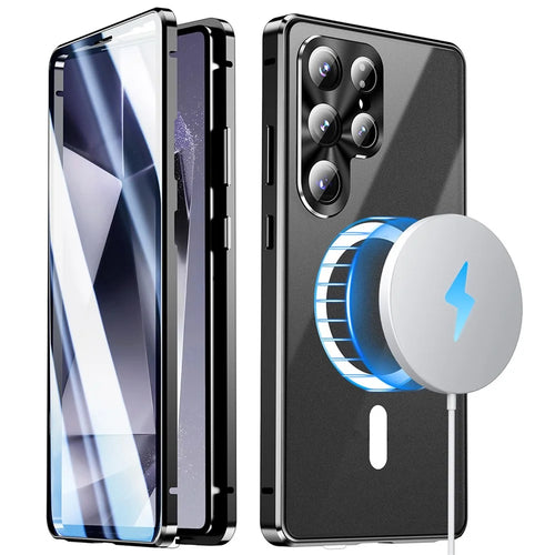 For Samsung Galaxy S26 Ultra Magnetic Case Tempered Glass + Matte PC Phone Cover with Metal Frame - Black - 1