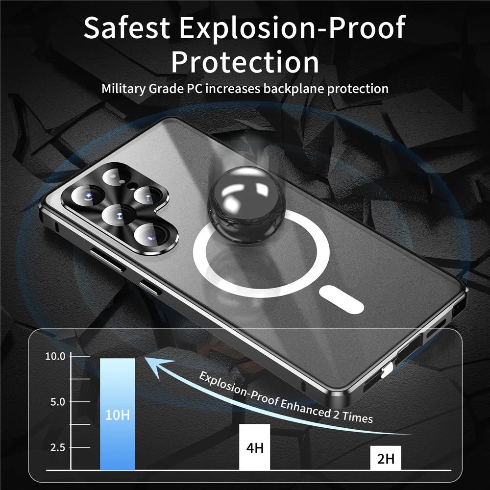 For Samsung Galaxy S26 Ultra Magnetic Case Tempered Glass + Matte PC Phone Cover with Metal Frame - Black - 6