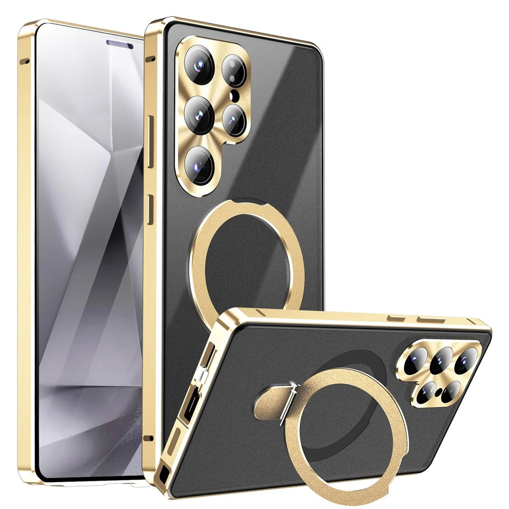 For Samsung Galaxy S26 Ultra Magnetic Case Kickstand Matte PC Cover with HD Tempered Glass Film - Gold - 1