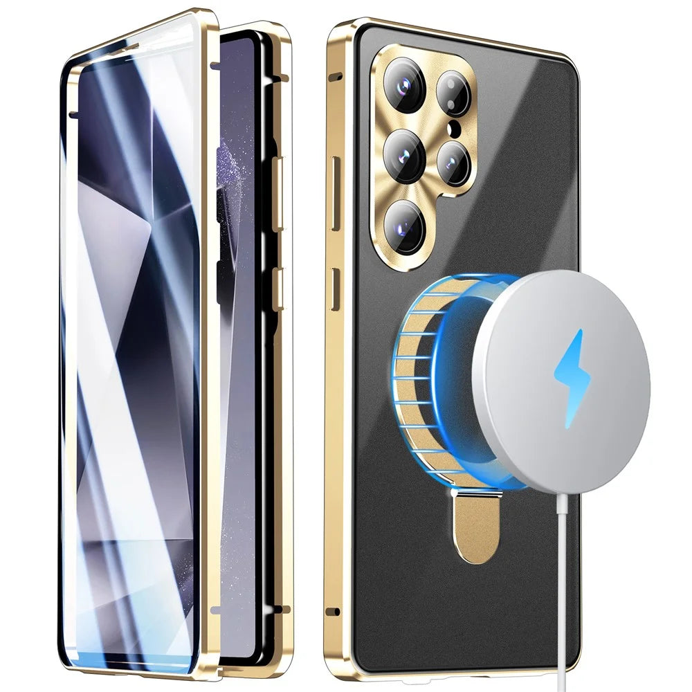 For Samsung Galaxy S26 Ultra Magnetic Case Kickstand Matte PC Cover with HD Tempered Glass Film - Gold - 2