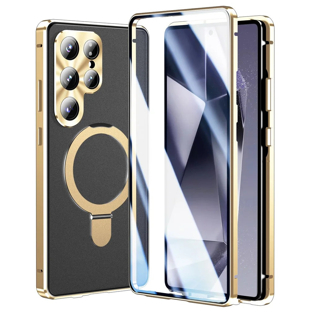 For Samsung Galaxy S26 Ultra Magnetic Case Kickstand Matte PC Cover with HD Tempered Glass Film - Gold - 3