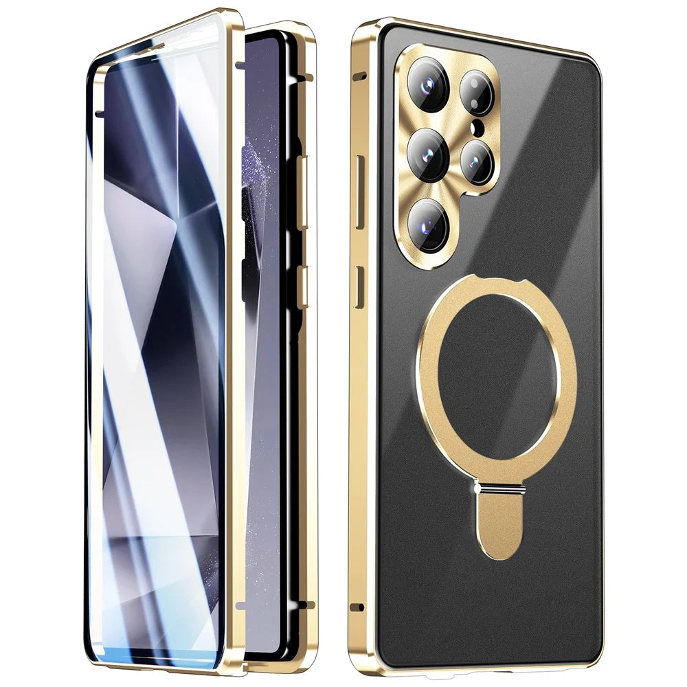For Samsung Galaxy S26 Ultra Magnetic Case Kickstand Matte PC Cover with HD Tempered Glass Film - Gold - 4