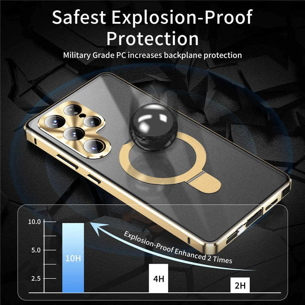 For Samsung Galaxy S26 Ultra Magnetic Case Kickstand Matte PC Cover with HD Tempered Glass Film - Gold - 7