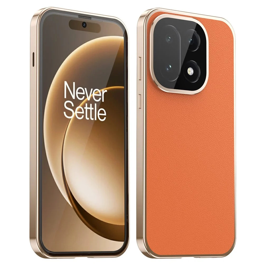 For OnePlus 15 5G Case Magnetic Frame Front Tempered Glass Leather PC Back Phone Cover - Orange - 1