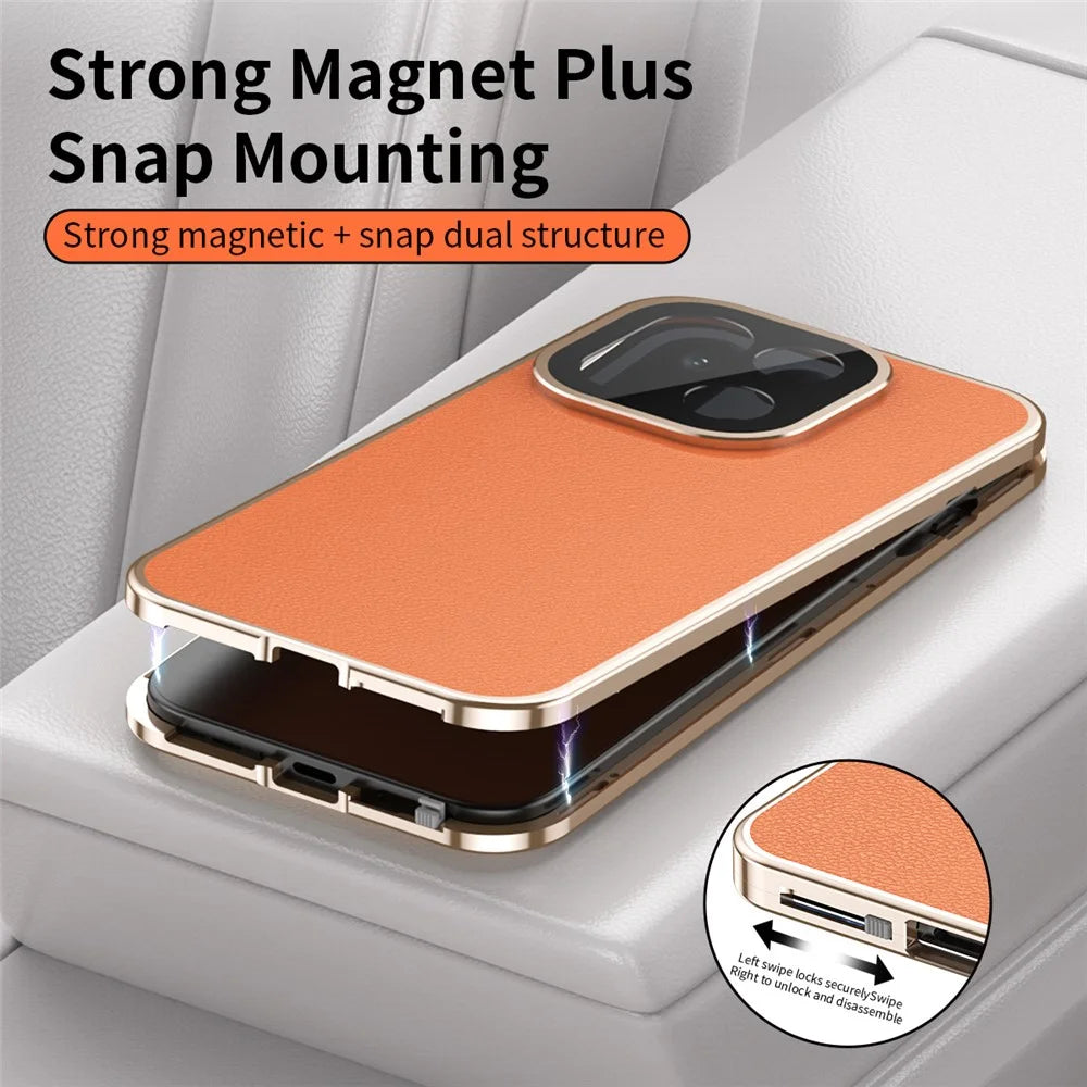 For OnePlus 15 5G Case Magnetic Frame Front Tempered Glass Leather PC Back Phone Cover - Orange - 5