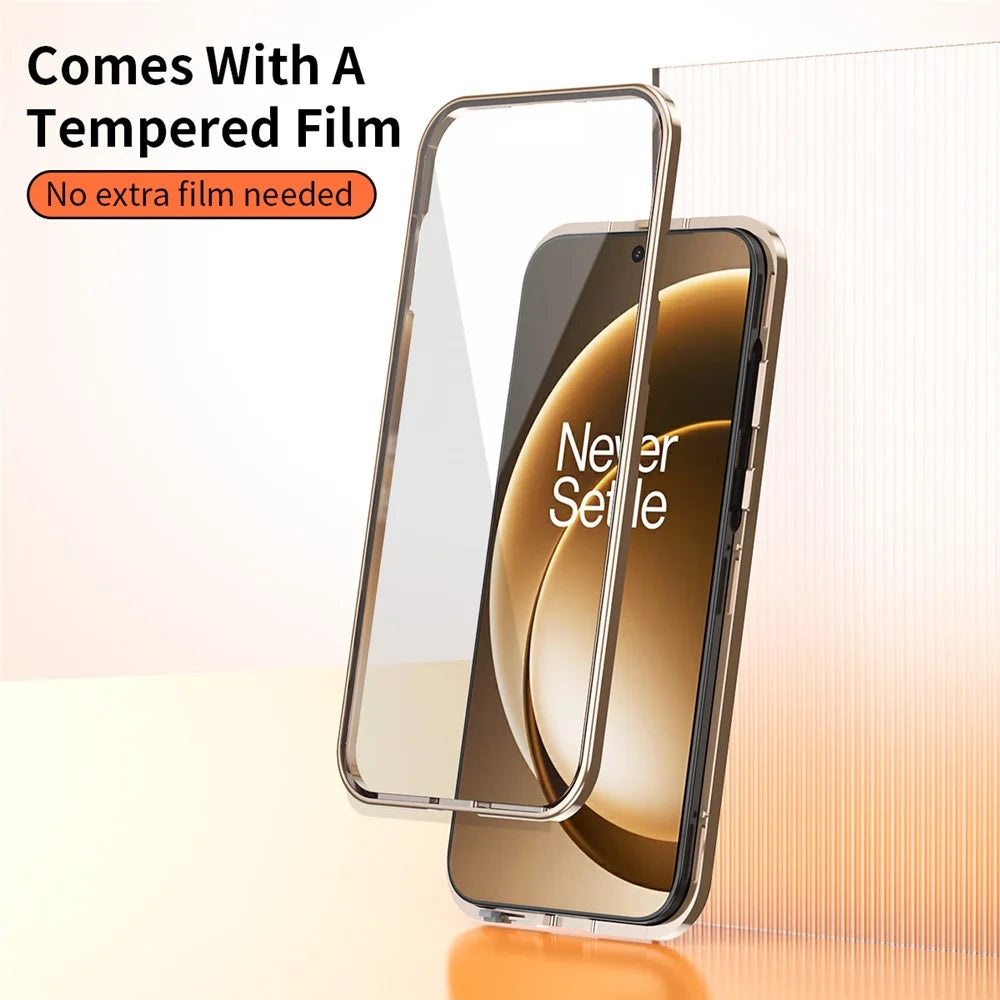 For OnePlus 15 5G Case Magnetic Frame Front Tempered Glass Leather PC Back Phone Cover - Orange - 6