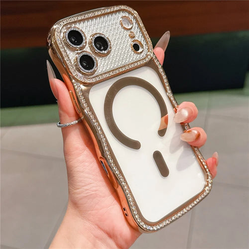 For iPhone 17 Pro Max Magnetic Case Electroplated Wave Frame Rhinestone Decor TPU Phone Cover with Glitter Lens Film - Gold - 1