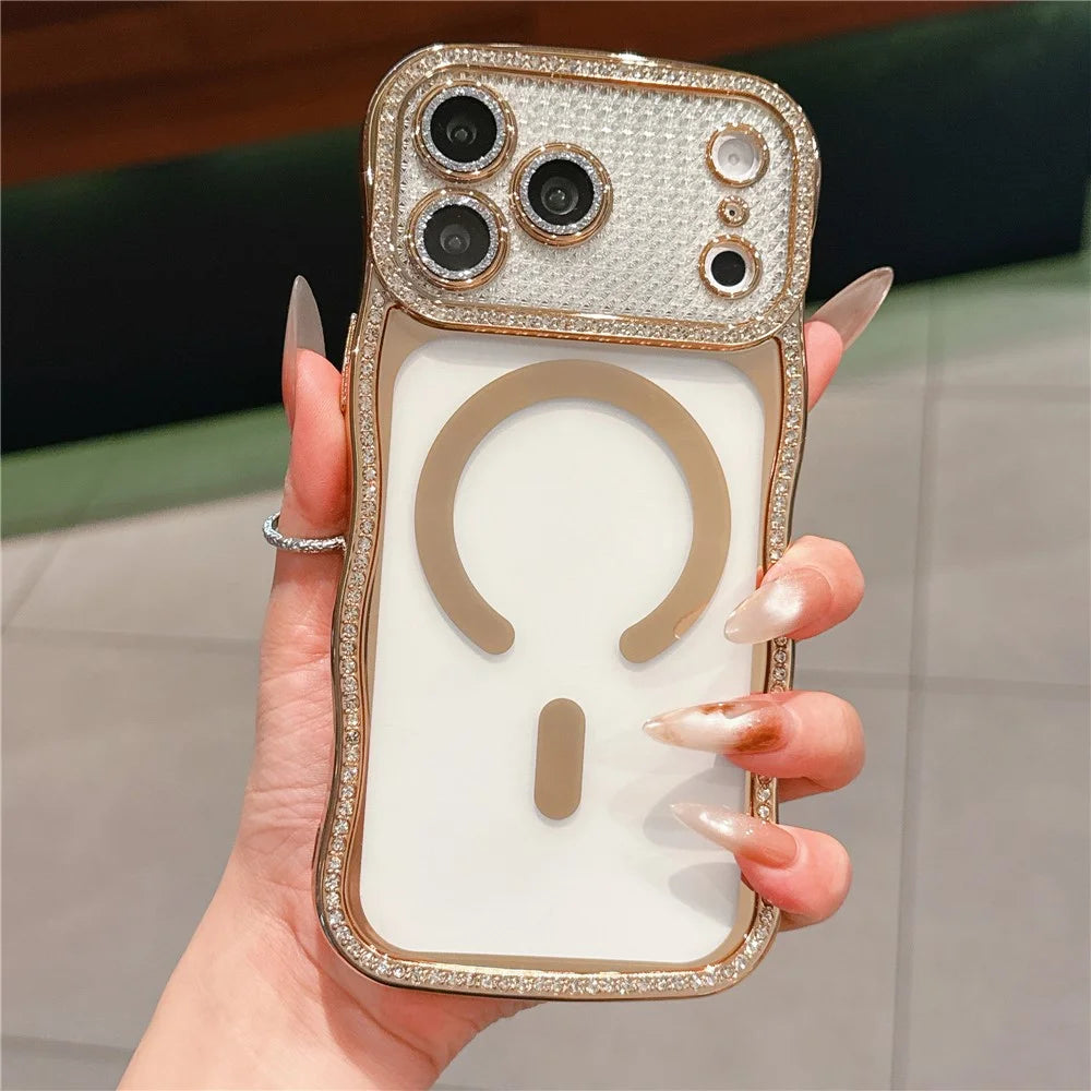 For iPhone 17 Pro Max Magnetic Case Electroplated Wave Frame Rhinestone Decor TPU Phone Cover with Glitter Lens Film - Gold - 2