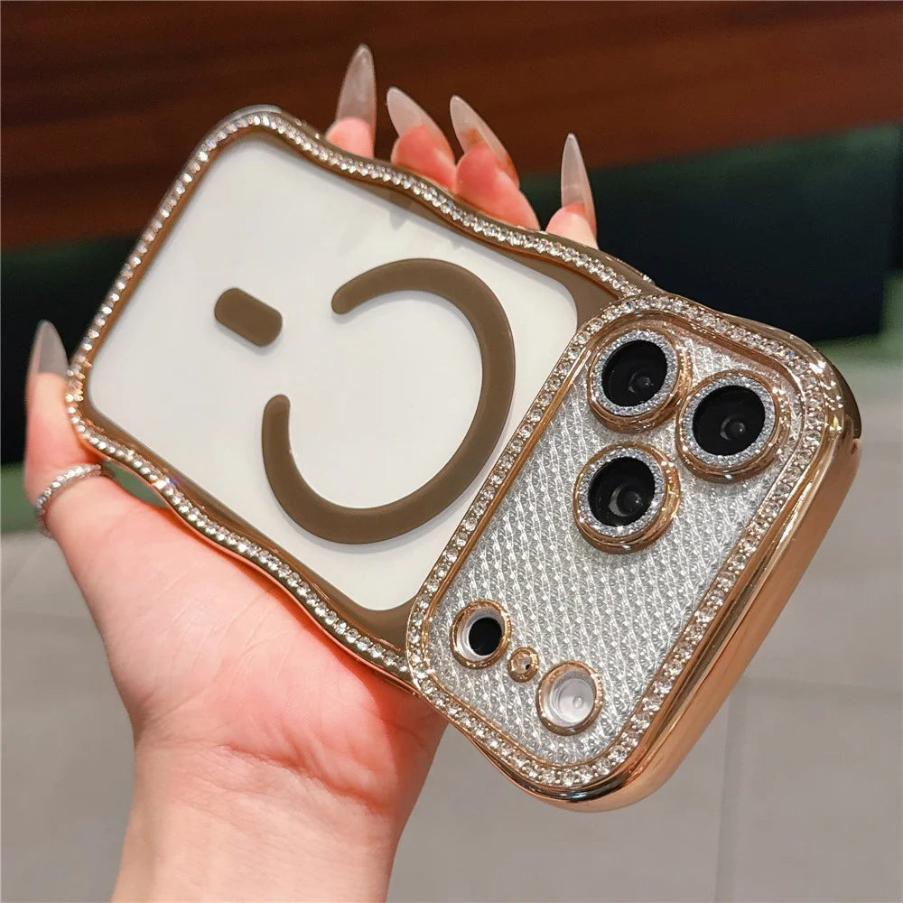 For iPhone 17 Pro Max Magnetic Case Electroplated Wave Frame Rhinestone Decor TPU Phone Cover with Glitter Lens Film - Gold - 3