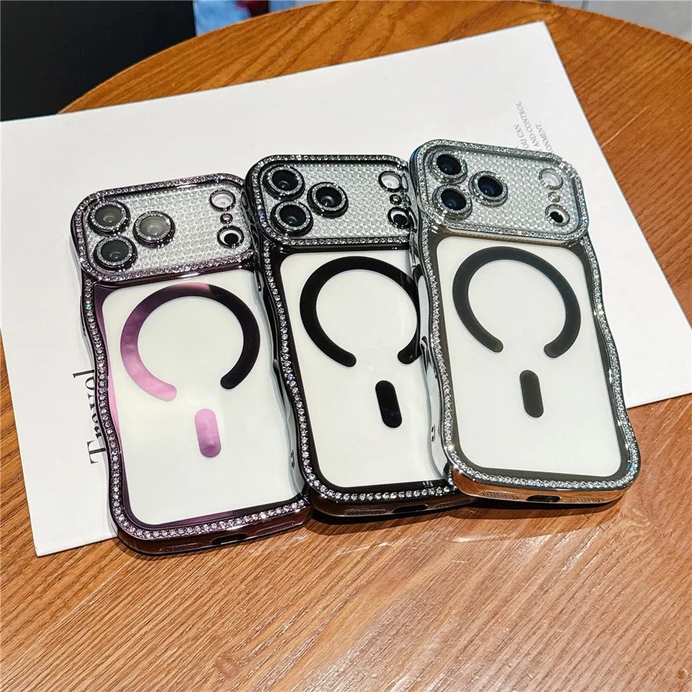 For iPhone 17 Pro Max Magnetic Case Electroplated Wave Frame Rhinestone Decor TPU Phone Cover with Glitter Lens Film - Gold - 4