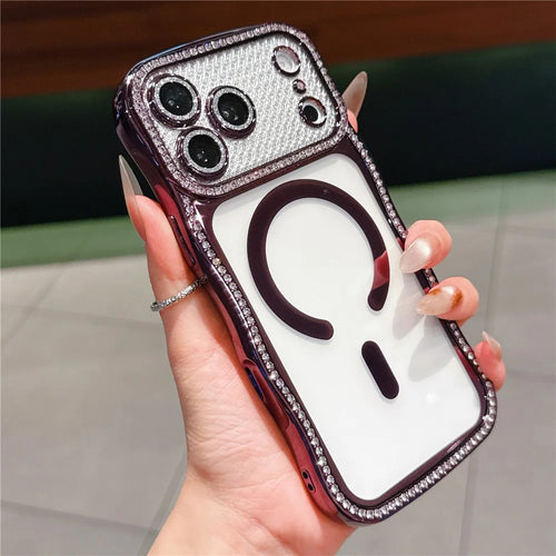 For iPhone  18 Pro / 17  Pro Magnetic Case Electroplated Wave Frame Rhinestone Decor TPU Phone Cover with Glitter Lens Film - Purple - 1