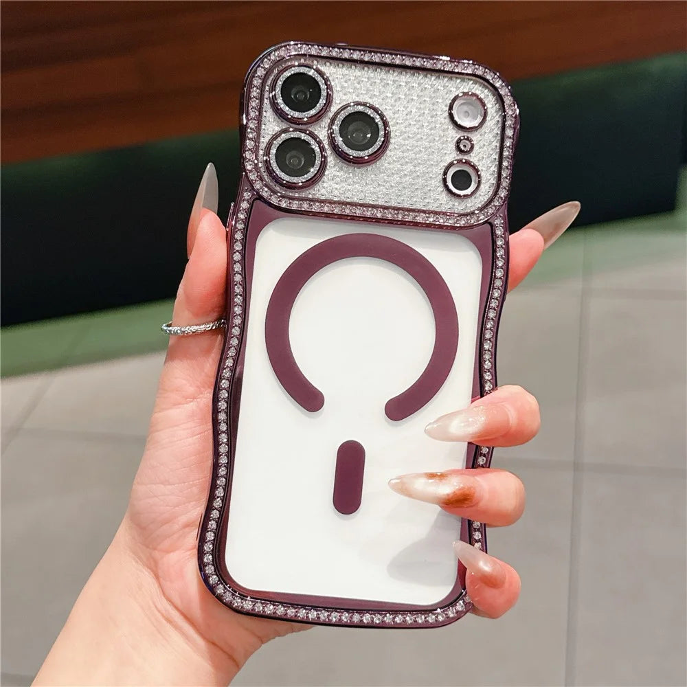For iPhone  18 Pro / 17  Pro Magnetic Case Electroplated Wave Frame Rhinestone Decor TPU Phone Cover with Glitter Lens Film - Purple - 2