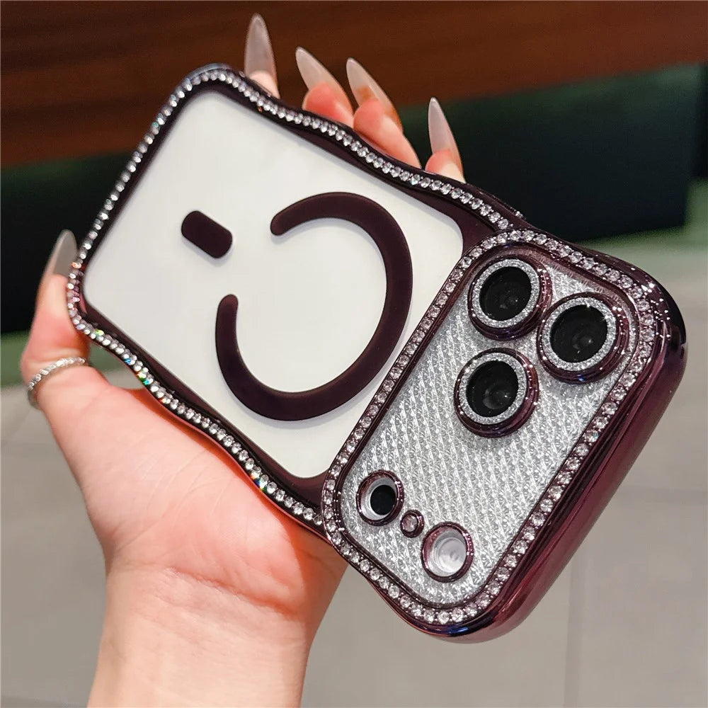 For iPhone  18 Pro / 17  Pro Magnetic Case Electroplated Wave Frame Rhinestone Decor TPU Phone Cover with Glitter Lens Film - Purple - 3