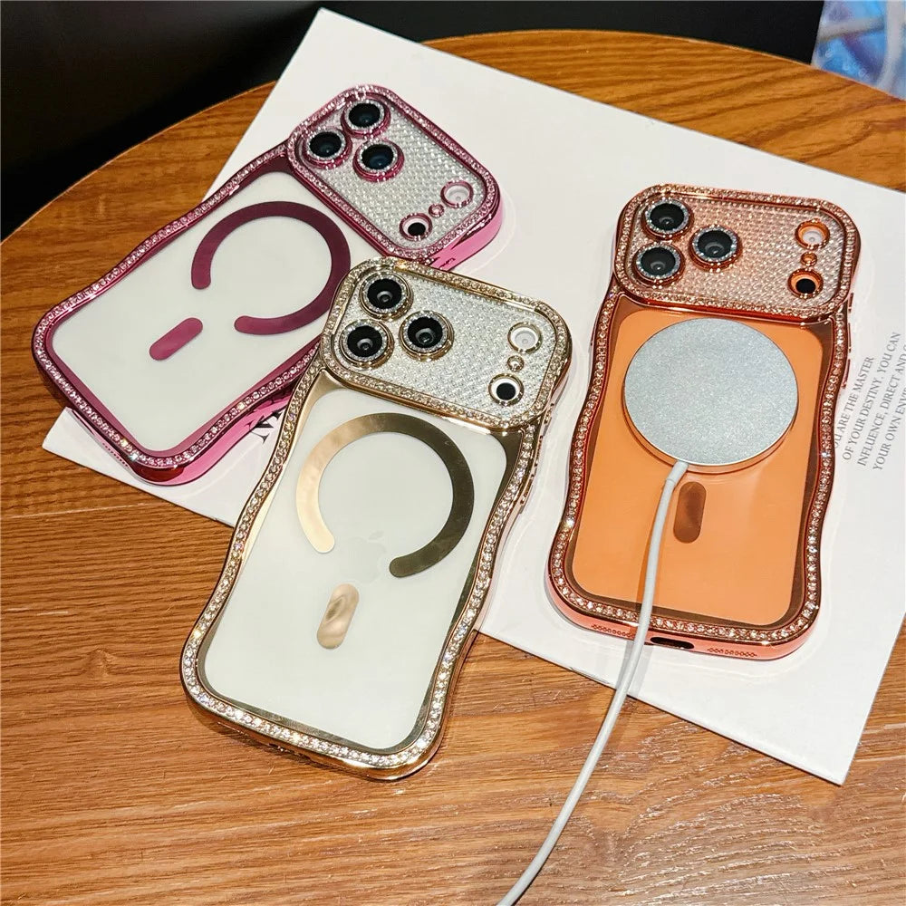 For iPhone  18 Pro / 17  Pro Magnetic Case Electroplated Wave Frame Rhinestone Decor TPU Phone Cover with Glitter Lens Film - Purple - 4