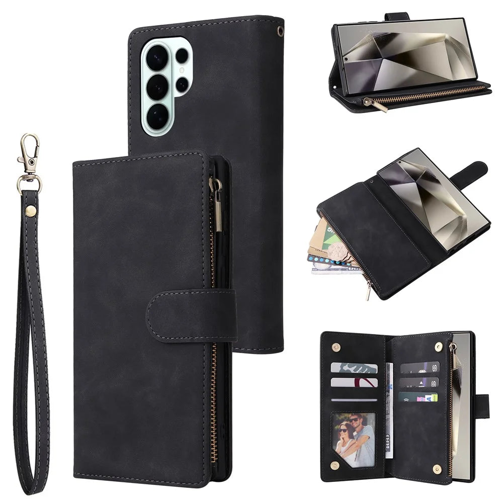 For Samsung Galaxy S26 Ultra Case Zipper Wallet Multiple Card Slots Leather Phone Cover with Wrist Strap - Black - 1