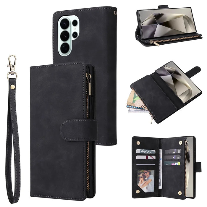 For Samsung Galaxy S26 Ultra Case Zipper Wallet Multiple Card Slots Leather Phone Cover with Wrist Strap - Black - 1
