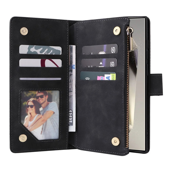 For Samsung Galaxy S26 Ultra Case Zipper Wallet Multiple Card Slots Leather Phone Cover with Wrist Strap - Black - 2