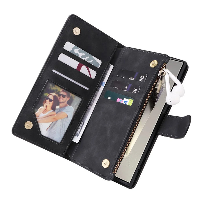 For Samsung Galaxy S26 Ultra Case Zipper Wallet Multiple Card Slots Leather Phone Cover with Wrist Strap - Black - 5