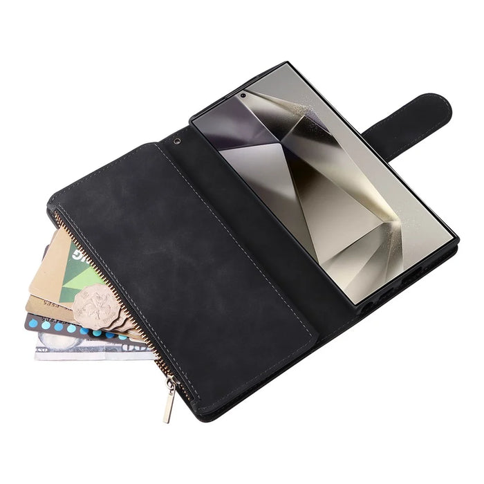 For Samsung Galaxy S26 Ultra Case Zipper Wallet Multiple Card Slots Leather Phone Cover with Wrist Strap - Black - 6