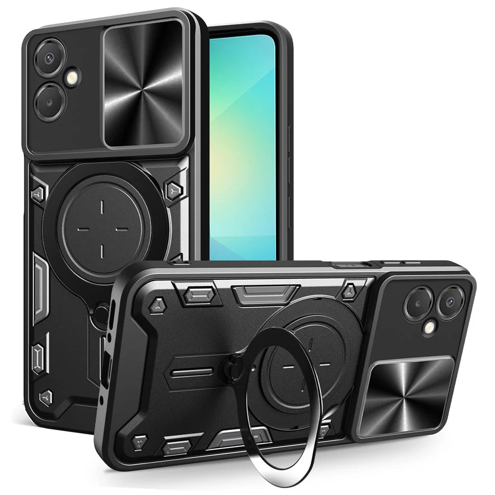 For Samsung Galaxy A06 5G Case TPU + PC Phone Cover with Kickstand , Slide Lens Window - Black - 1