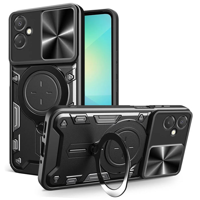 For Samsung Galaxy A06 5G Case TPU + PC Phone Cover with Kickstand , Slide Lens Window - Black - 1