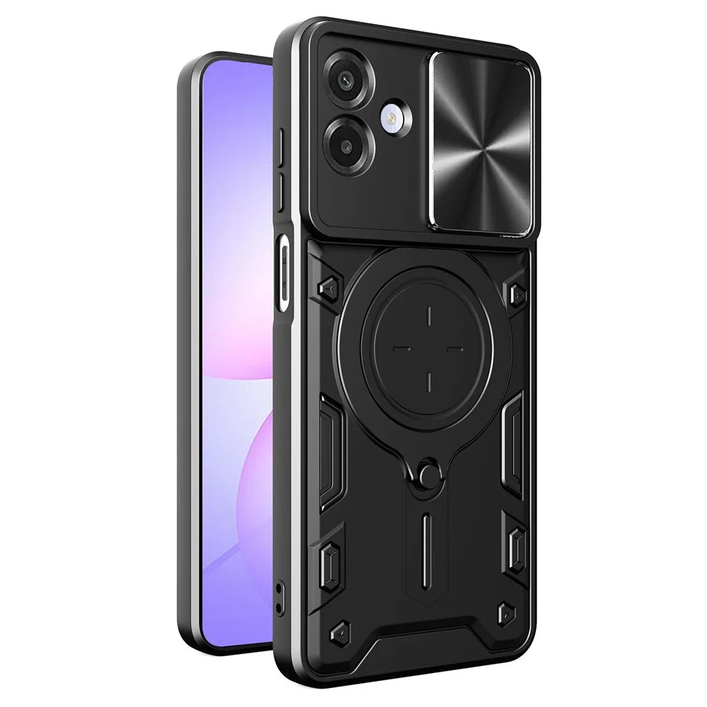 For Samsung Galaxy A08 5G / A08 4G / A07 4G Case TPU + PC Phone Cover with Kickstand , Slide Lens Window - Black - 1