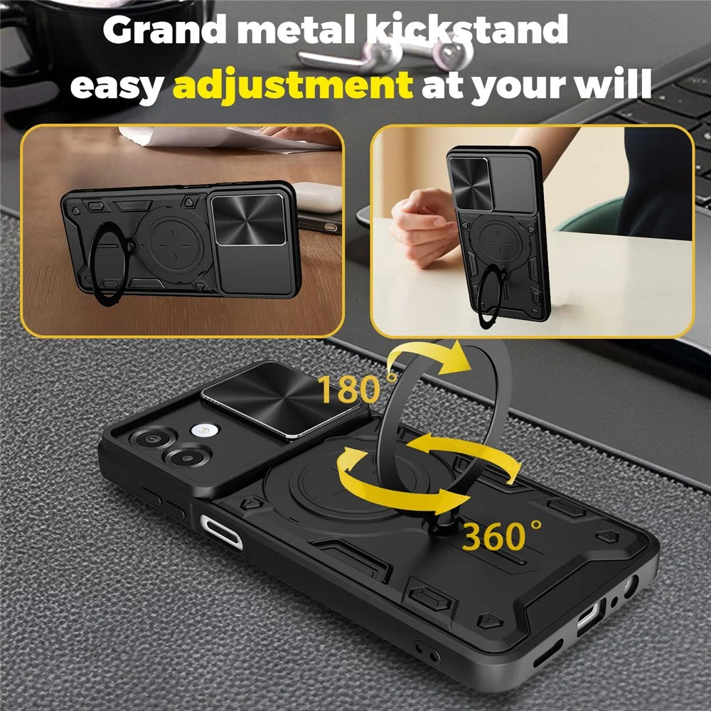 For Samsung Galaxy A08 5G / A08 4G / A07 4G Case TPU + PC Phone Cover with Kickstand , Slide Lens Window - Black - 3