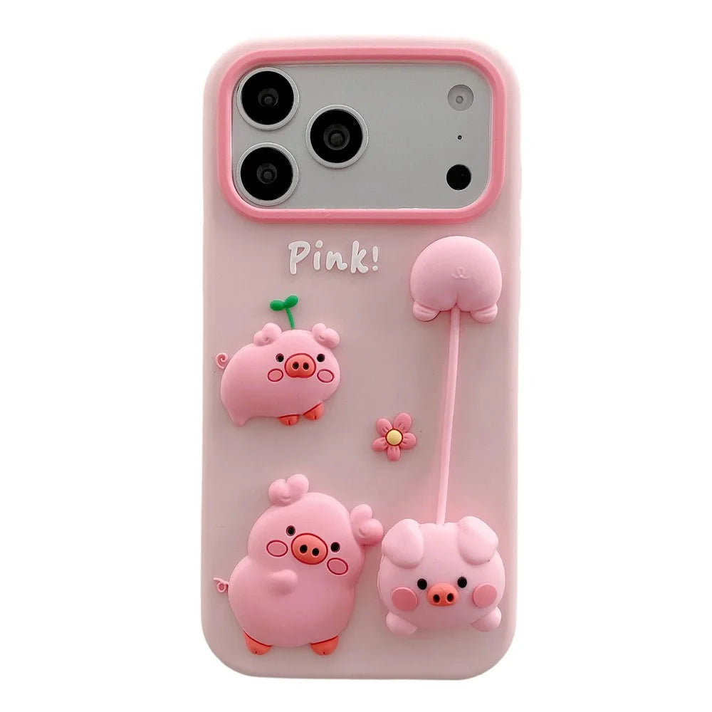 For iPhone 18 Pro Max / 17 Pro Max Silicone Case Cute 3D Cartoon Pig Pendant Shockproof Phone Back Cover - Pink - 1