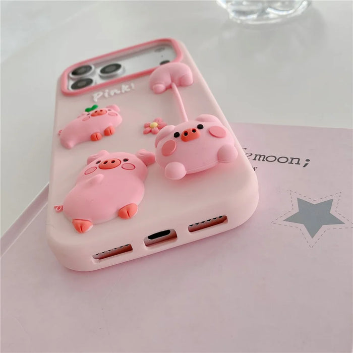 For iPhone 18 Pro Max / 17 Pro Max Silicone Case Cute 3D Cartoon Pig Pendant Shockproof Phone Back Cover - Pink - 3
